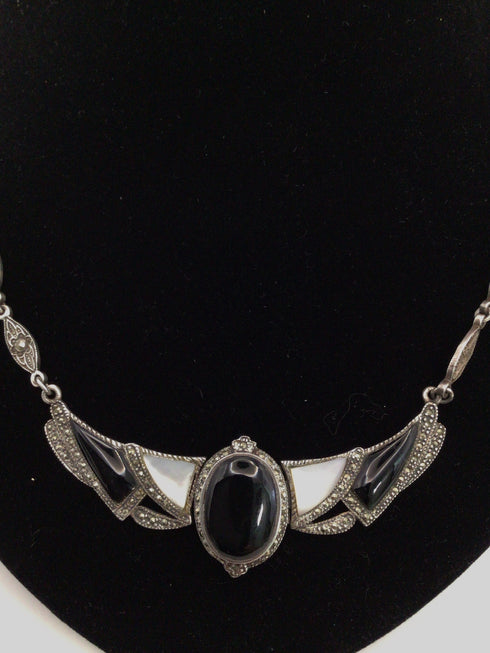 Vintage Art Deco Silver Onyx Necklace